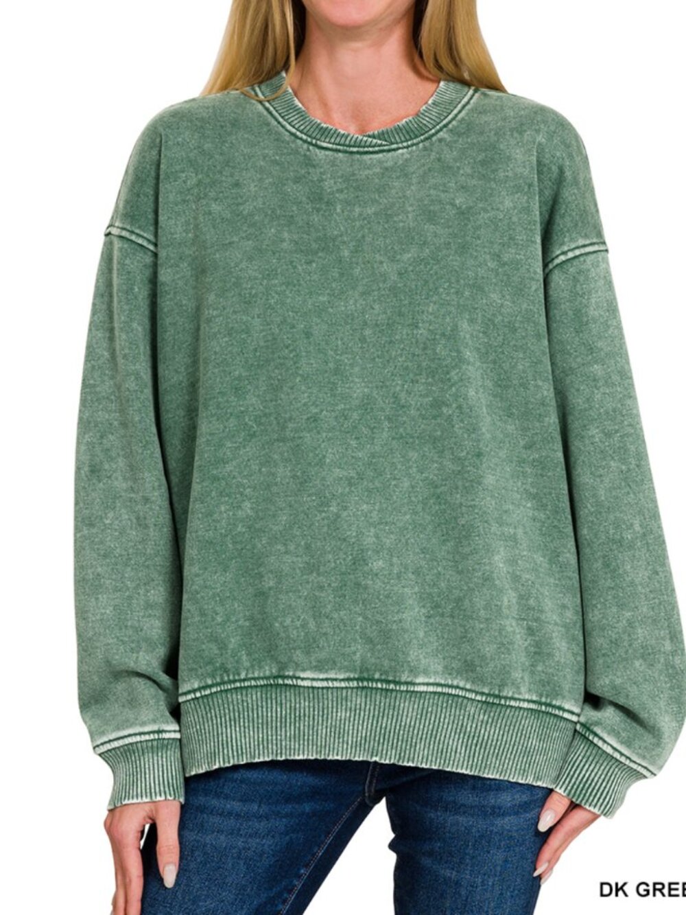 Acid Wash Fleeze Oversied Pullover in Dark Green